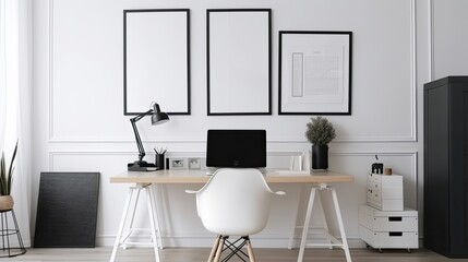 Wall Mural - white blank frame mockup with modern business offices background, generative ai
