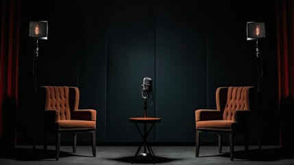 two chairs and microphones in podcast or interview room isolated on dark background, generative ai