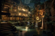 Underground city with river and rooms, fantasy of lost cave town, generative AI.
