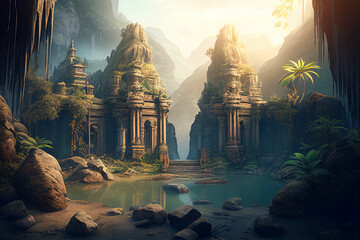 Wall Mural - Temple ruins in fantasy mountains, old stone palace in jungle, generative AI.