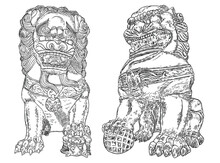 Imperial Guardian Lions Set, Foo Dog Or Fu Dog In Western Languages. Stylized Chinese Lions, Male With A Ball And Female With A Cub. Protect The Building From Harmful Spiritual Influences. Vector.