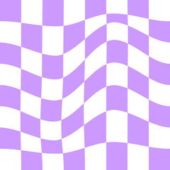 Wall Mural - Distorted chess board background in y2k style. Checkered optical illusion. Psychedelic pattern with warped purple and white squares. Plaid texture. Trippy checkerboard surface