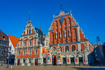 Wall Mural - Ratslaukums square with the House of Blackheads in old town of Riga in Latvia.