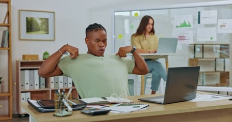 Wall Mural - Business, fatigue and black man tired, stretching and overworked with deadline, schedule and yawning in workplace. African American male employee, creative and agent in office, exhausted and burnout