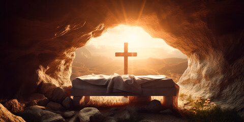 tomb empty with shroud and crucifixion at sunrise. resurrection of jesus christ. ai generated, human