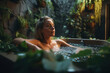 © Mr. Bolota - Sensual Hydrotherapy. A naked woman indulging in a relaxing hydrotherapy bath at a spa, surrounded by lush green plants and an indoor garden. Wellness and self-care concept. AI Generative