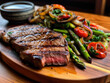 A juicy medium-rare steak with a brown crust on a wooden board surrounded by roasted bell peppers, asparagus, and caramelized onions. The aroma of the seasoned meat and veggies is mouthwatering