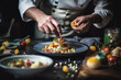 Gourmet Professional chef prepares a tasty and visually stunning dish on a plate, showcasing the artistry and skill of Michelin-starred restaurant cuisine. Gourmet and culinary concept. AI Generative