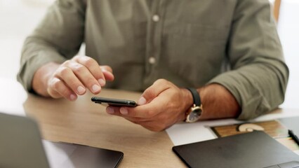 Fototapete - Business man hands typing on a phone at office desk for social media post, mobile app chat or networking online. Cellphone or smartphone of entrepreneur or person for email, texting or communication