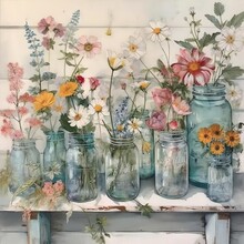 A Cute Cottage-core Illustration Of Pretty Spring Flowers On A Rustic Shelf. Generative AI. 