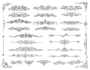 Wall Mural - Calligraphic frames set. Collection of graphic elements for website or book. Abstract antique patterns and ornaments. Motifs and scrolls. Cartoon flat vector illustrations isolated on white background