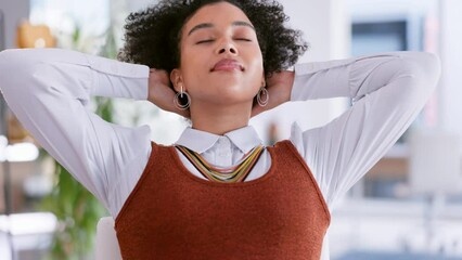 Wall Mural - Happy woman on laptop stretching at her desk for relax, ecommerce or work life balance in fashion design studio. Online shop seller or black person calm, wellness and small business startup success