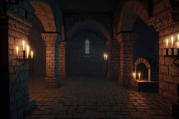 Wall Mural - Castle dungeon interior. Ai. Stone brick walls and torches