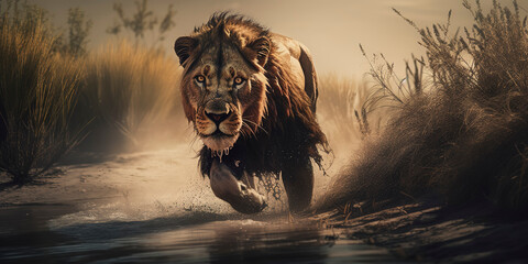 Wall Mural - Breathtaking photography of a lion amidst the savannah. Generative AI