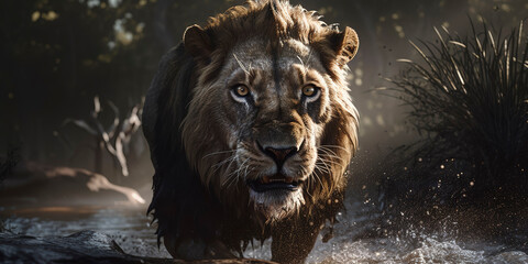 Wall Mural - Awe-inspiring image of a lion in the sunlit savannah. Generative AI