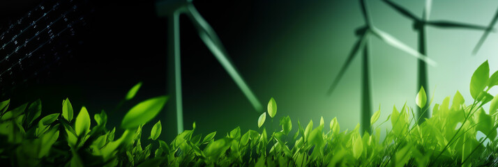 green energy concept, renewals energies, background, horizontal layout banner with copy space, generative ai
