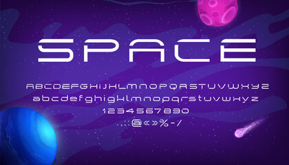 Modern technology space font type, universe typeface and galaxy futuristic vector letters. Space typography alphabet, alien galaxy planet script and future galactic or cosmic robot techno font