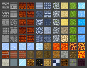 Pixel art game tile seamless patterns, vector retro 8 bit surface texture backgrounds. Stone, brick or fire lava, grass and sand desert or concrete block texture pattern tiles for game level platform