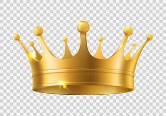 Realistic golden crown. King, queen or noble person gold headdress, monarch power or authority, medieval royalty heraldry or leadership award, victory symbol. Isolated 3d vector shiny, precious crown