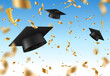 © Vector Tradition - Student graduate caps with golden confetti. College, academy and school education vector background. Graduation celebration, congratulation or invitation card backdrop with falling caps and confetti
