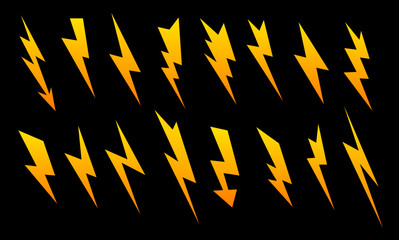 Wall Mural - Yellow light flare and flash effect. Isolated vector set of lightning bolts, high voltage arrow signs. Danger, warning of damage, increased caution symbols. Thunder energy, electric thunderbolt emblem