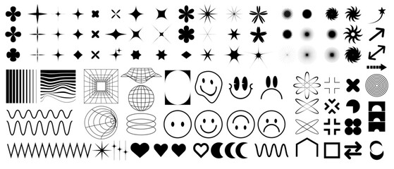 Retro futuristic elements, Y2K abstract brutalism shapes, geometric shapes, symbols and objects, black
