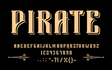 Pirate Medieval font type, corsair typeface and nautical alphabet, vector typography script. Vintage Caribbean pirate typeset, marine captain or corsair sailor book font letters and signs