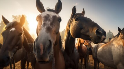 Wall Mural - A group of horses taking a selfie.  Created with Generative AI.