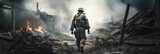 Fototapeta  - Special Forces Military soldier walking through destruction and battlefield warzone aftermath as wide banner with copyspace area for world war conflict concepts, generative AI