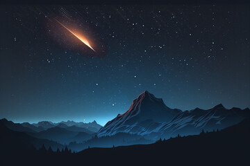 Vector night mountains landscape with stars and meteor, Generative AI