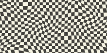 Trippy Checkerboard Background. Retro Psychedelic Checkered Wallpaper. Wavy Groovy Chessboard Surface. Distorted Geometric Pattern. Abstract Monochrome Vector Backdrop
