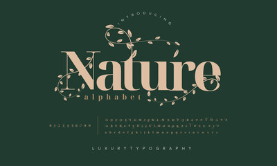 Wall Mural - Nature fashion font alphabet. Minimal modern urban fonts for logo, brand etc. Typography typeface uppercase lowercase and number. vector illustration