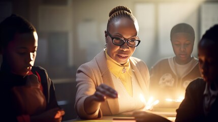 An African American female professor or teacher, teaching students. Generative AI. 