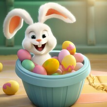 Cute Bunny Playing In A Tub Of Easter Eggs