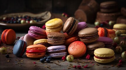 Wall Mural - Multicoloured macaroon desserts. Delicious French macaroons with filling -  Generative AI Illustration