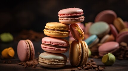 Wall Mural - Multicoloured macaroon desserts. Delicious French macaroons with filling -  Generative AI Illustration