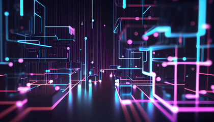 Generative AI, Neon Data Stream: A Glowing 3D Render Abstract Background with Bokeh Lights and Data Transfer Concept