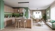 © fadillah - Modern house interior of living room and a kitchen in beige and green colors. Generative ai