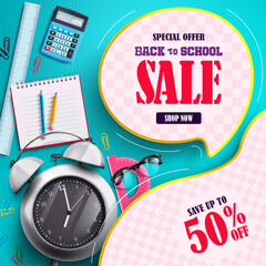 Wall Mural - Back to school vector sale. Back to school sale text in speech bubble element with special offer save up to 50% off educational discount. Vector illustration back to school sale design.  
