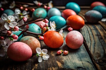 Canvas Print - rustic wooden table with a nest of fresh eggs in a natural setting. Generative AI