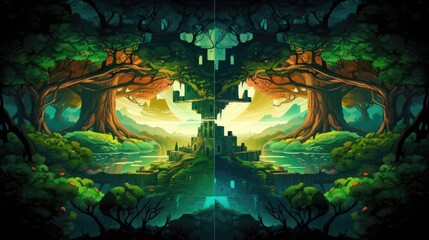 Wall Mural - Abstract artistic surreal landscape. Colorful forest with silhouette people. Fantasy background wallpaper.