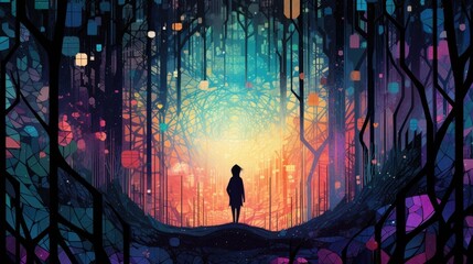 Wall Mural - Abstract artistic surreal landscape. Colorful forest with silhouette people. Fantasy background wallpaper.