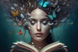 AI GENERATIVE, A woman who loves books portrait, books in her head, glitter and butterflies,