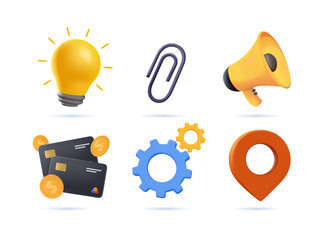 Business universal 3D icons set. Lamp, lightbulb, paper clip, gear, loudspeaker, map pin. Modern 3d render vector icon set isolated on white
