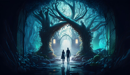Wall Mural - two couple walking through a fantasy world  -AI Generative 
