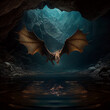 Frightening dragon with wings outspread descending into a dark and deep cavern above a lake. Light from above glows around him - fantasy magic sinister book cover 