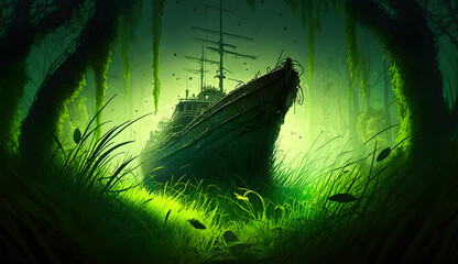Wall Mural - green grass on an acient  haunted ship  -AI Generative 