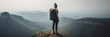 man standing on top of a mountain with a backpack on his back standing at the edge of a cliff looking at the magnificent view. Generative AI