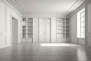 Sticker - an empty room with a classic bookcase and elegant tile flooring. Generative AI