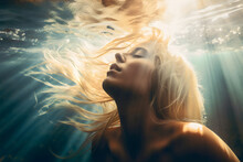 Woman With Flowing Hair And Closed Eyes Underwater With Sunlight, Made With Generative Ai